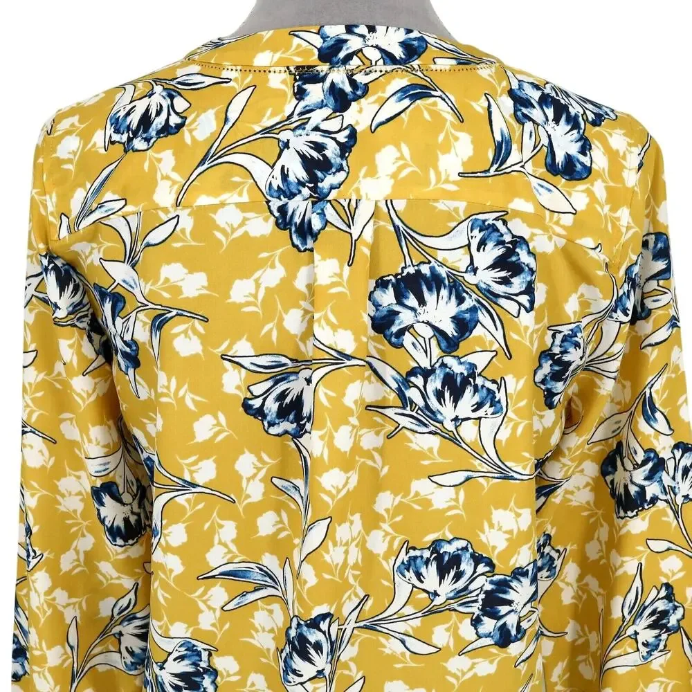 J Crew Top Womens Small Gold Blue White Floral Tunic Blouse Pullover V-neck